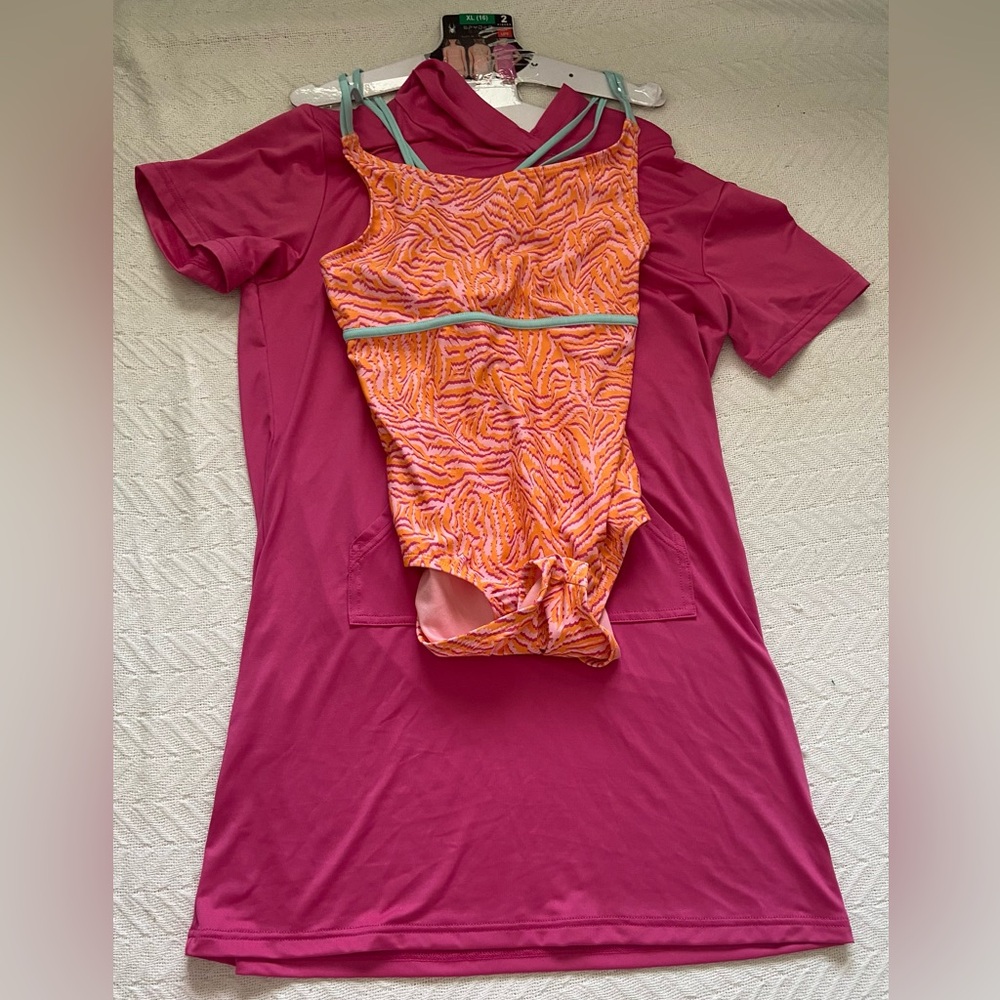 Spyder Swim Girls Swimsuit One piece Set with cover up Pink and Orange